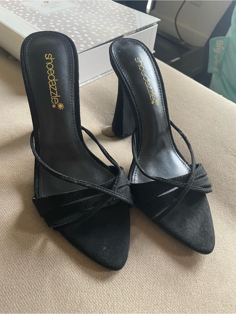 Shoe Dazzle Black Strappy Pointed Mule Heels with Block Heel